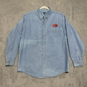 VTG Bear Back Chevron Techron Red Car Denim Button Down Shirt Mens L Y2K Grunge